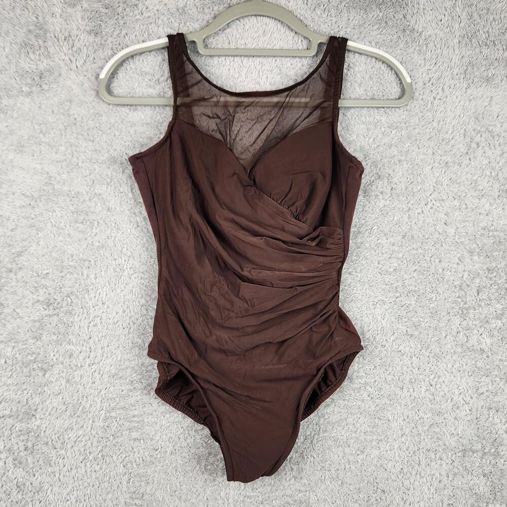 Vintage Miraclesuit Swimsuit Womens 10 Brown Mesh Ruched One Piece USA 80s Boho